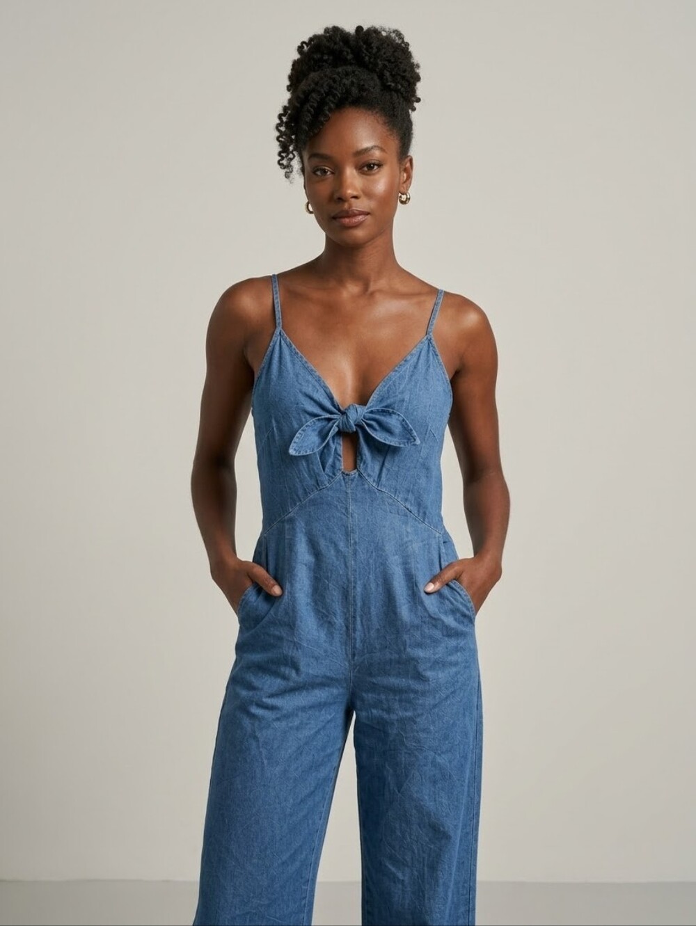 Old Navy Blue Denim Chambray Tie Front Wide Leg Jumpsuit Size L